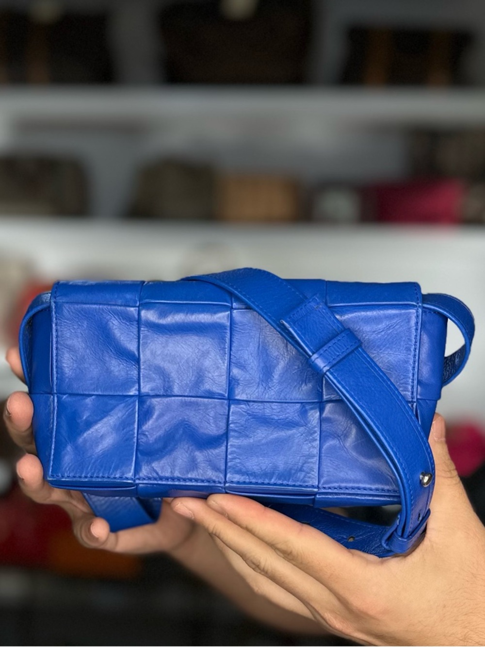 Bottega Veneta Intrecciato Leather Shoulder Bag in Bright Blue Candy Cassette